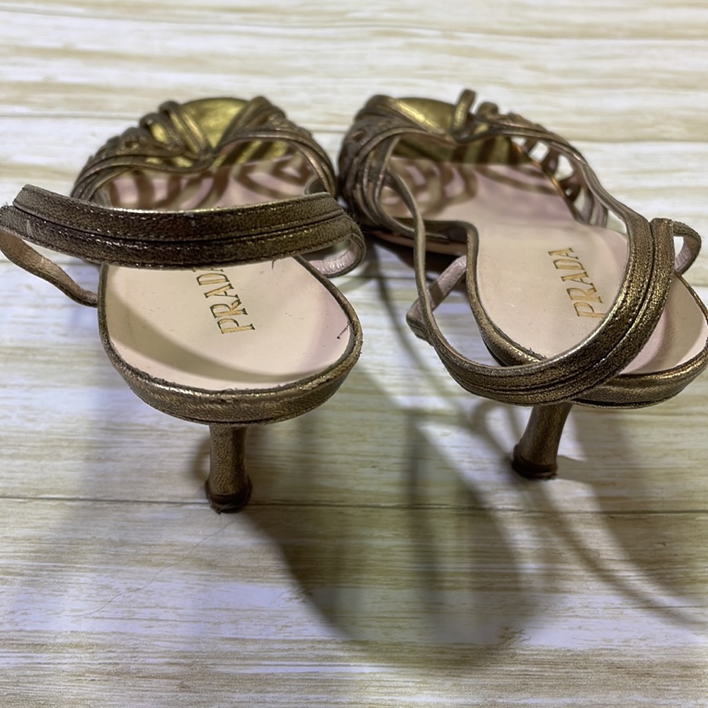 Prada womens 39 US 8 gold shine leather strap heel shoes EUC made in Italy EUC - Picture 7 of 8